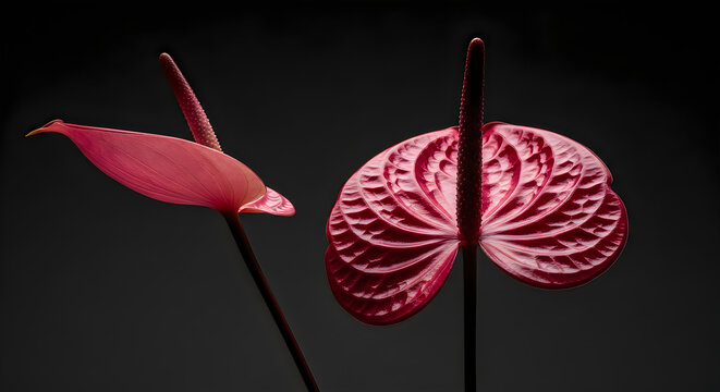 Two elegant pink anthurium flowers with glossy textured surfaces and unique spadices stand against a deep and dark moody background