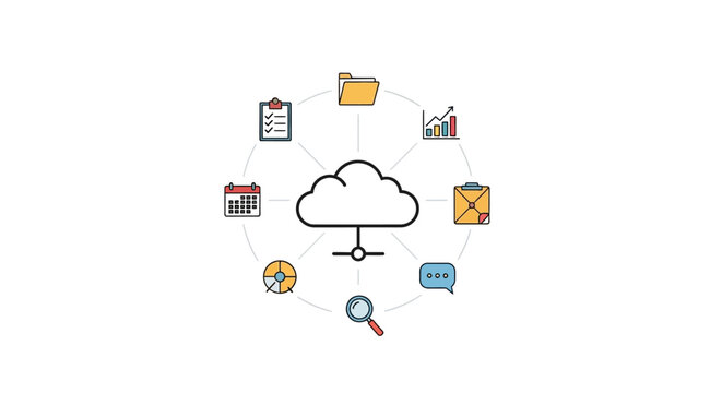 A digital illustration showing cloud computing icons arranged in a circular pattern
