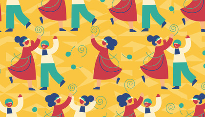 Fototapeta premium Vibrant seamless pattern shows multiple couples dancing in colorful traditional folk costumes against a patterned yellow and orange background.