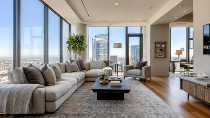 Fototapeta premium Modern living room with city skyline view in a high-rise building during daylight hours