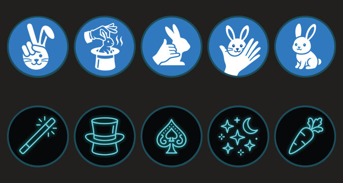 Set of ten vibrant circular icons featuring magical rabbit illustrations, top hats, neon magic wands, playing cards, and glowing carrots