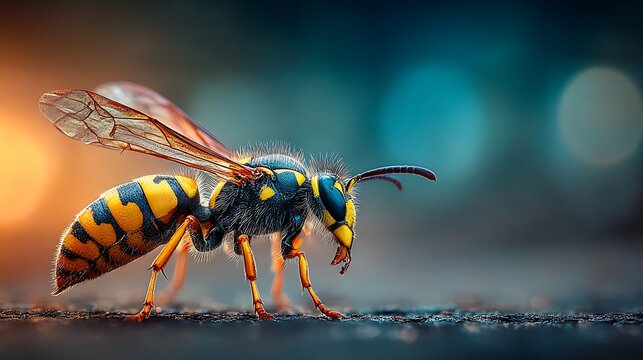 Extreme close up macro photograph of a fuzzy yellow jacket wasp with black markings. textured wing
