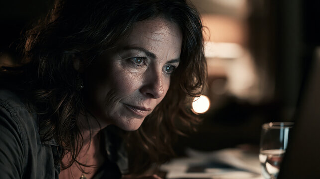 Mature woman bent over laptop at night, face lit by screen glow, focused and determined while working late in a dim home office on a serious remote project or deadline
