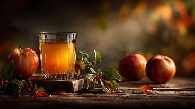 Refreshing glass of golden apple juice beside ripe apples on rustic wooden surface with autumn lea