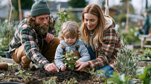 Family working in the garden, parents and young child planting a small plant in the soil, learning about ecology, sustainability, and growing food outdoors together
