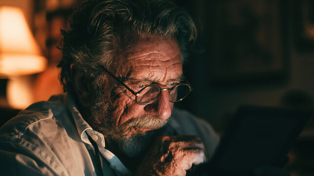 Older man intently reading on a tablet or e reader in the dark, with glasses reflecting the light from the digital screen, conveying focus, knowledge, and modern senior living