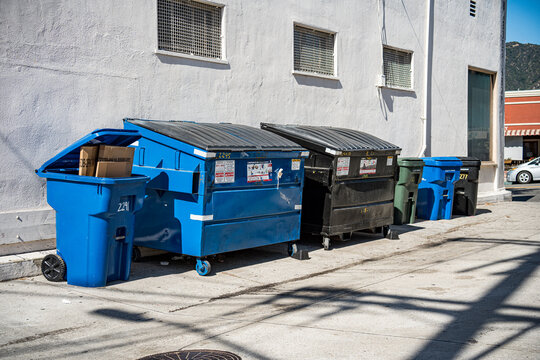 Row of commercial dumpsters and trash cans lined up outside a building