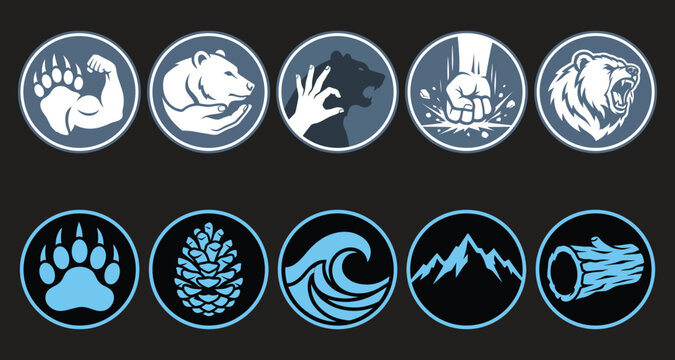 Set of ten circular vector icons featuring stylized bear silhouettes, mountain peaks, nature symbols, and powerful hand gestures in blue.