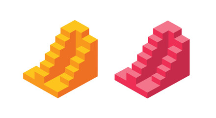 Fototapeta premium Isometric illustration of two sets of steps or staircases in vibrant orange and pink color palettes for architectural design.