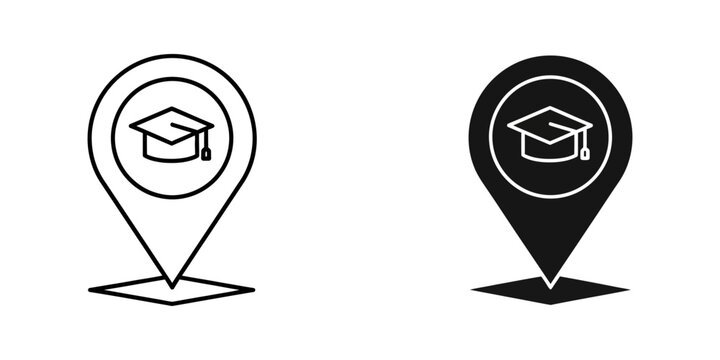 Graduation cap location pin icon set for university and school map navigation with graduation, education