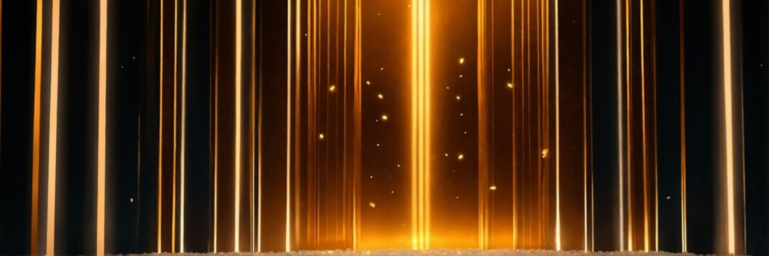 Abstract vertical bars of soft light with a swarm of glowing amber fireflies dancing between the cinematic pillars
