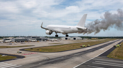 Fototapeta premium Realistic Aviation Image Of Airplane With One Engine Smoking During Critical Emergency Landing Approach Scene