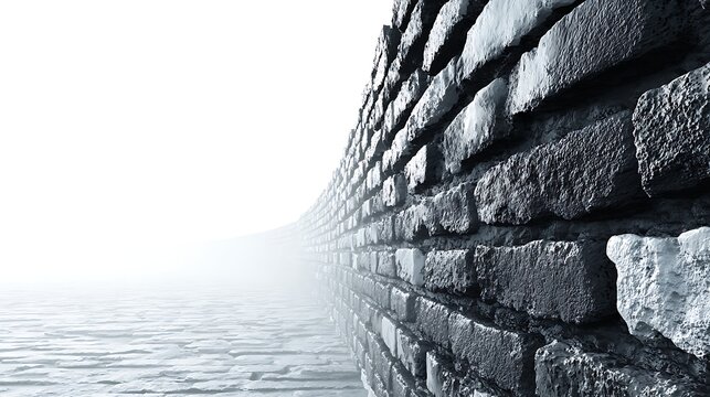 Curving stone brick wall pathway disappearing into bright fog or mist background. textured surface