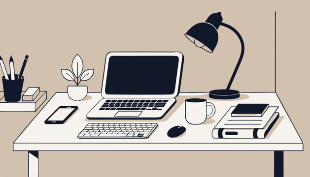 Office workspace, desk with laptop, computer accessories, home office setup