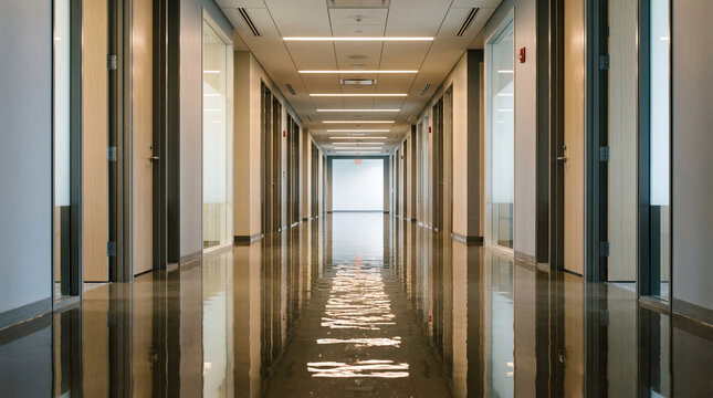 Clean architectural shot of a symmetrical long empty hallway corridor in a modern building interior