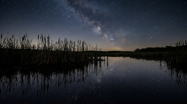 Night landscape photography of calm marshland with green cattails silhouetted against brilliant starry sky constellations