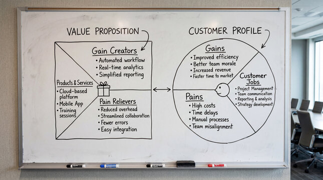 A value proposition canvas diagram hand drawn with black marker on a conference room board
