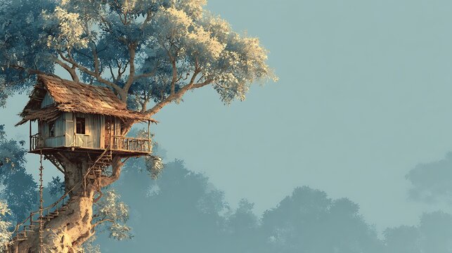 Rustic wooden treehouse perched high in a lush tree. featuring a rustic shack with a thatched roof