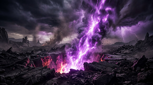Apocalyptic volcanic fissure spewing glowing purple temporal energy instead of hot lava surreal digital landscape