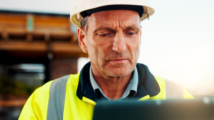 Fototapeta premium Construction, review or man on site with tablet, task instruction or inspection report in online chat. Space, ppe or mature engineer with tech, project brief or operations plan on digital platform.
