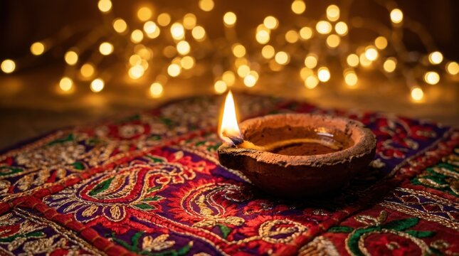 Glowing Diya On Festive Textile