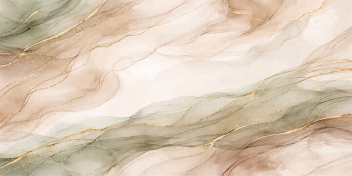 An ethereal abstract painting features delicate swirls of cream, beige, and sage green ink, accented with shimmering gold leaf veins.