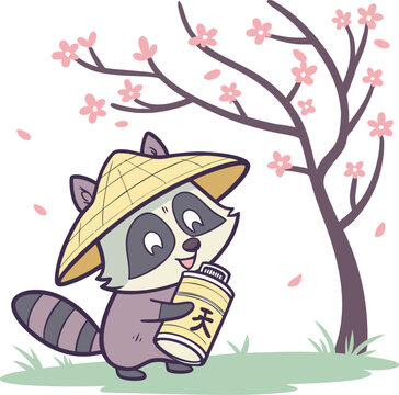 Japanese Tanuki raccoon character in straw hat, cute raccoon dog under cherry blossom tree, traditional folklore animal vector illustration