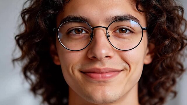 Closeup portrait of a person with curly hair and glasses