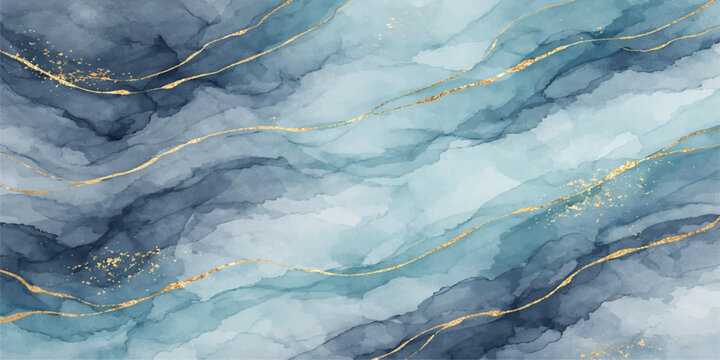 Abstract background with blue and teal watercolor washes interspersed with delicate golden veins, creating a luxurious and flowing texture.