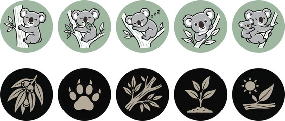 Obraz premium Cute gray koala bears in various poses and Australian nature elements arranged in a set of circular vector style icons