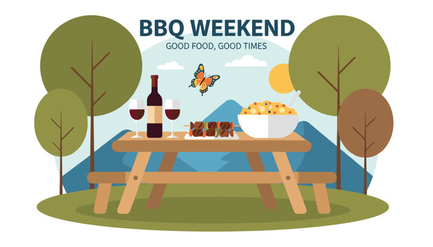 Scenic outdoor picnic table set with food and wine for a bbq weekend in a mountain valley with trees and a flying butterfly.