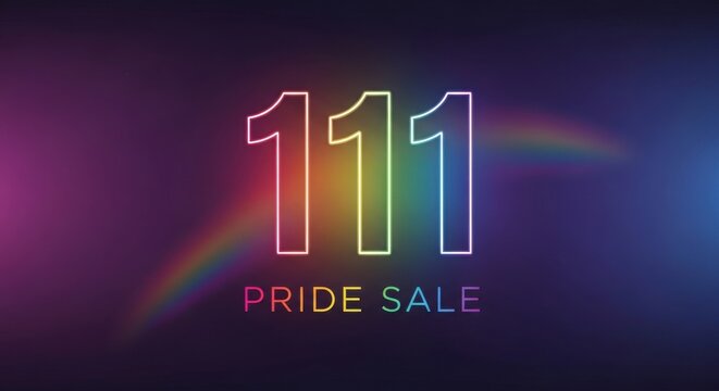 Bright neon "111 Pride Sale" glowing sign with vibrant rainbow spectrum, celebrating LGBTQ+ community and special offers.