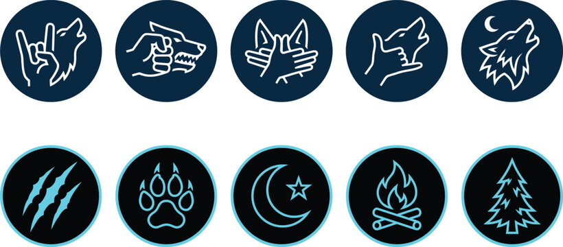 Set of ten circular vector icons featuring stylized wolf hand gestures, wild animal tracks, crescent moons, and rustic camping elements