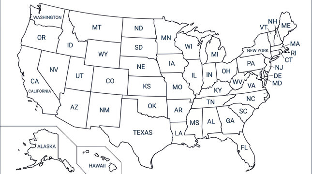 United States of America map with state borders and names