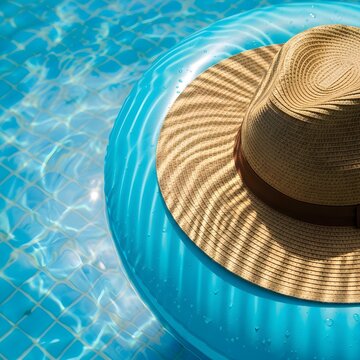 Straw hat floating on blue inflatable ring in crystal clear swimming pool water with rippling sunlight reflections creating a peaceful summer vacation scene