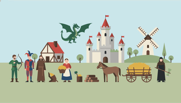 Diverse set of medieval characters including a knight, jester, monk, and peasant near a stone castle with a green dragon.