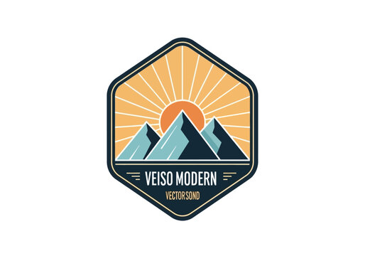 Retro modern mountain sun emblem design depicting scenic natural landscape badge with rising sunbeams over majestic peaks, perfect for outdoor exploration and adventure branding