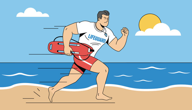 Strong male lifeguard carrying a red rescue buoy while running across a sandy beach next to the vast blue ocean water.