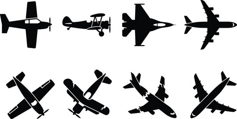 Aircraft Silhouette Vector Collection with Airplane Military Jet and Biplane Views © allustra