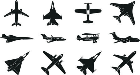 Aircraft Silhouette Vector Collection Featuring Fighter Jet Airliner and Vintage Airplane © allustra
