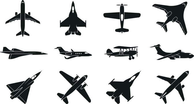 Aircraft Silhouette Vector Collection Featuring Fighter Jet Airliner and Vintage Airplane