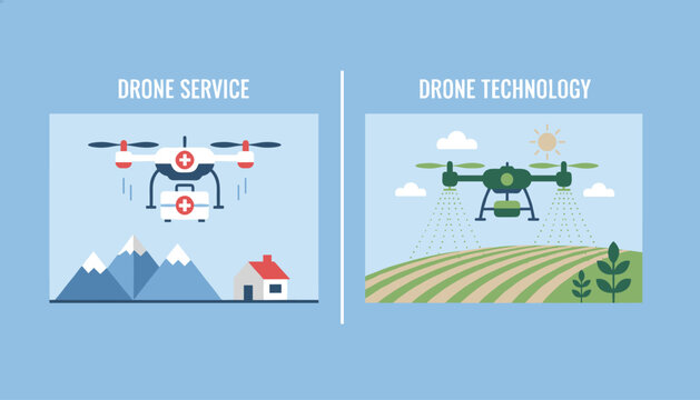 Two-panel illustration showing drones used for medical delivery in mountains and agricultural spraying on a farm.