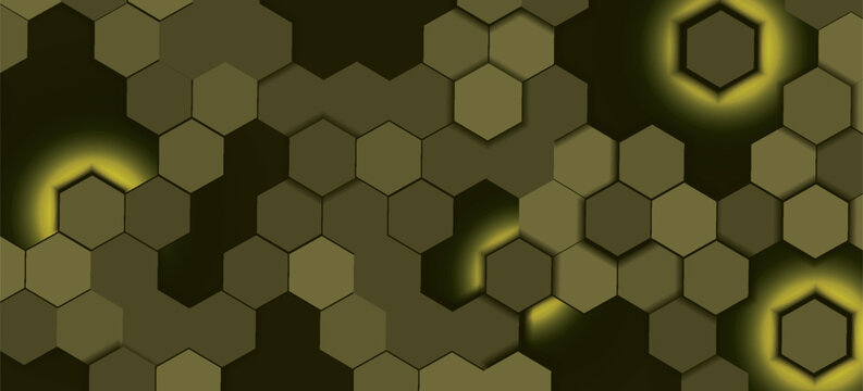Golden hexagon structure blending technology and elegance. Luxurious honeycomb design. Abstract hexagonal with glowing nodes. Elegant honeycomb pattern featuring luminous points and highend themes