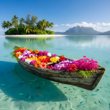 Vibrant Tropical Flower Boat in Crystal Clear Turquoise Waters with Island Paradise Background, isolated on clean background, high quality professional photography