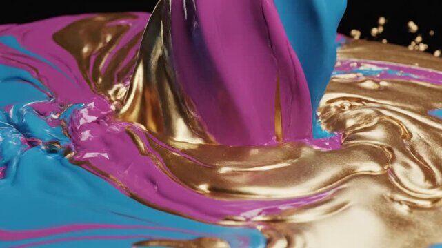 Thick viscous magenta cyan and gold metallic liquids colliding on a reflective black surface creating layered waves and abstract splashes against a dark background.
