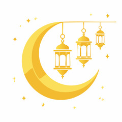 Obraz premium Golden Crescent Moon with Ramadan Lanterns and Stars