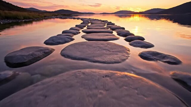 A stone path made of large flat rocks leading into the middle of a calm mountain lake at sunset, vibrant orange and yellow sky reflecting on the still water surface outdoors.