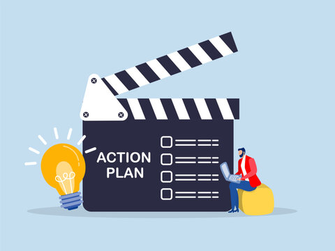 Businessman manager work laptop with director clapboard or slate listing action plan steps Action plan with checklist step by step of business implementation to finish project concept