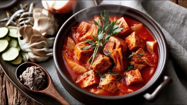 Traditional Doenjang Jjigae with Authentic Korean Ingredients on Rustic Table 4k video footage