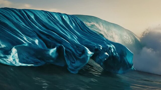 A powerful blue ocean wave forms a hollow barrel with white foam spray, its surface textures blending into smooth flowing fabric-like patterns under a warm golden sunset sky.